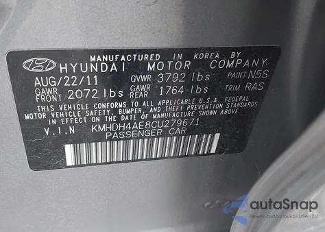 2012 Hyundai Elantra Gls (Ulsan Plant) from USA, damaged, VIN KMHDH4AE8CU279671